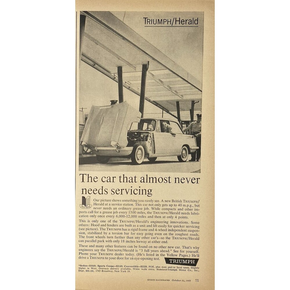 Triumph Herald at Service Station "Almost Never Needs Servicing" Print Ad 1960